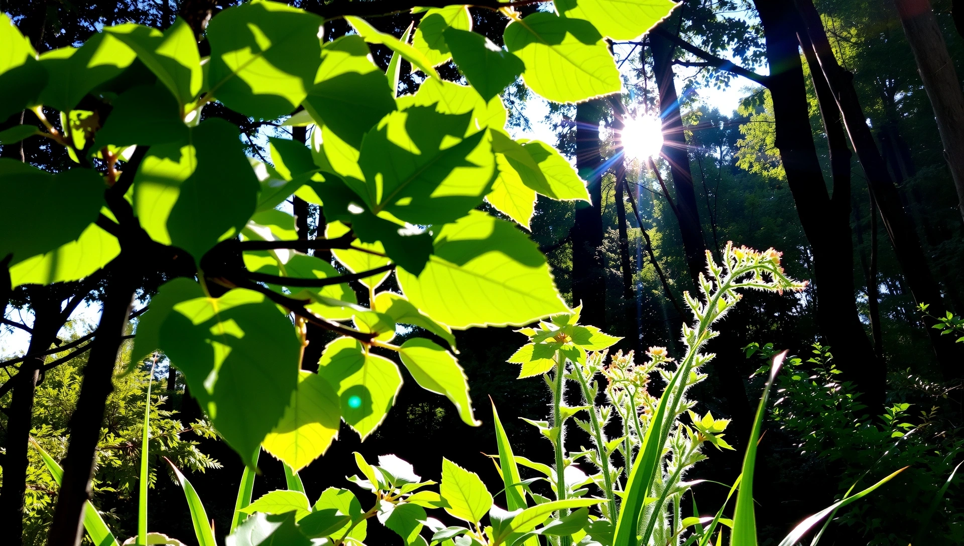 Fondo de naturaleza exuberante con plantas verdes y luz solar suave, simbolizando salud y bienestar natural.