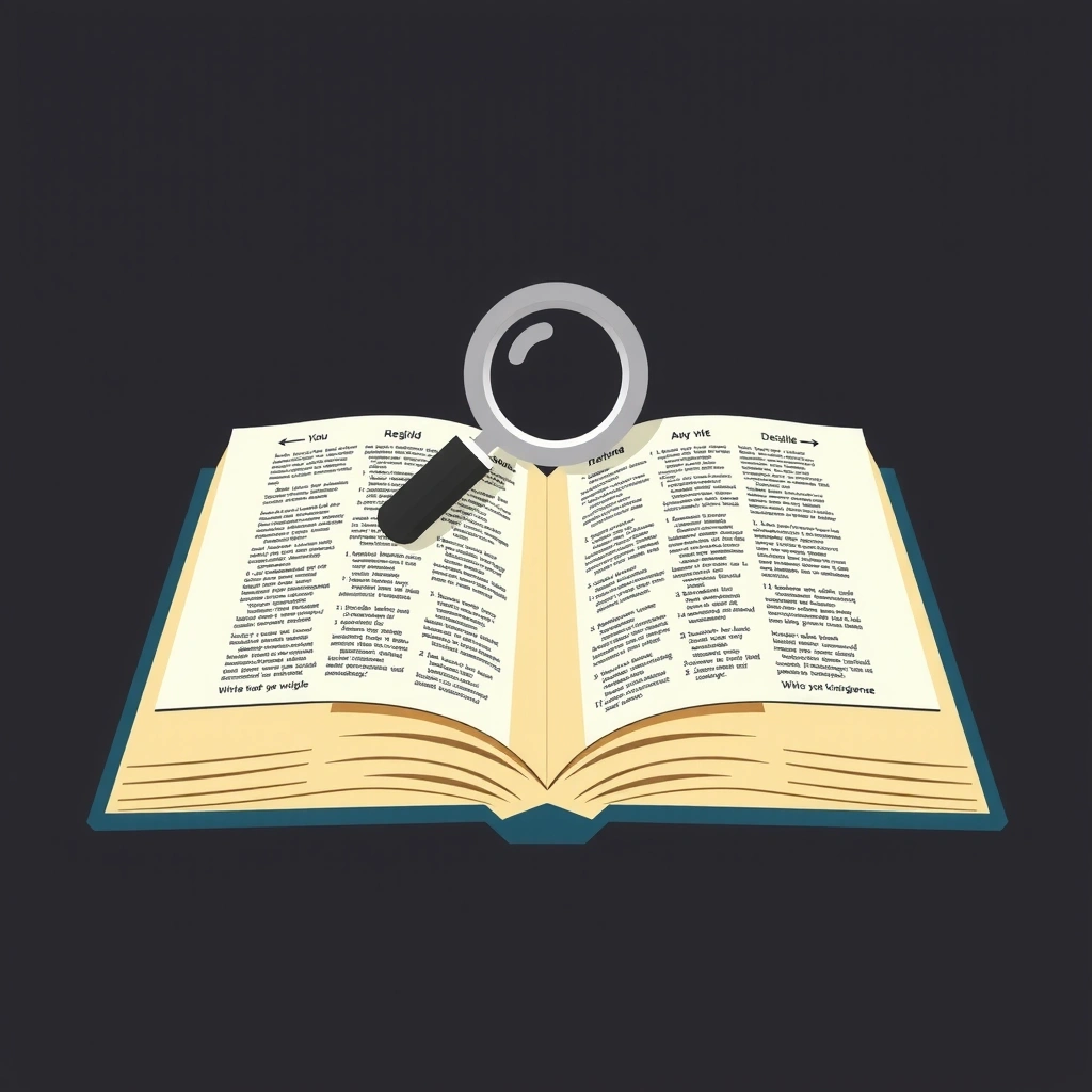 Un libro abierto con páginas llenas de texto y un icono de lupa, simbolizando investigación y conocimiento profundo.