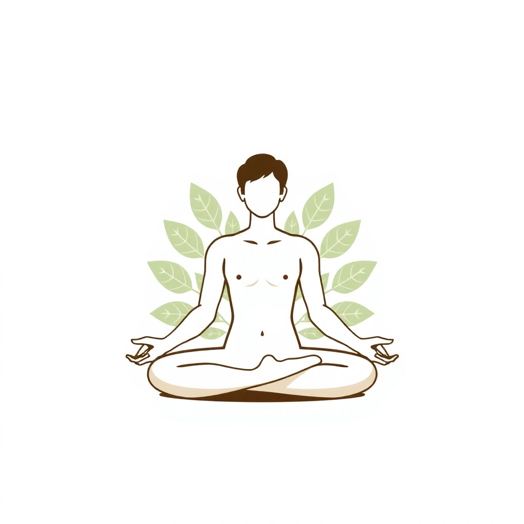 Una persona meditando en una postura de loto, rodeada de elementos de la naturaleza, simbolizando bienestar integral y salud.
