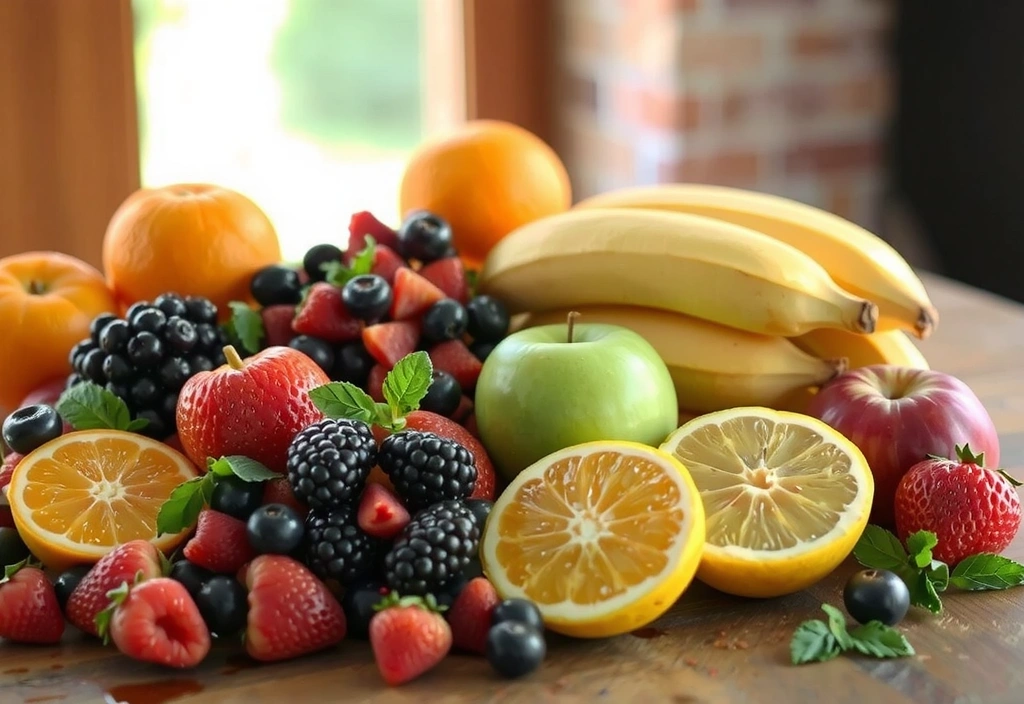 Frutas frescas y coloridas sobre una mesa de madera