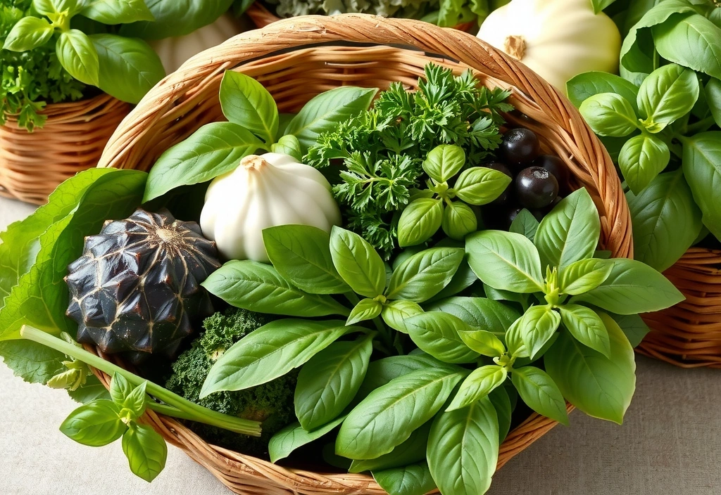 Verduras frescas y hierbas aromáticas en una cesta de mimbre