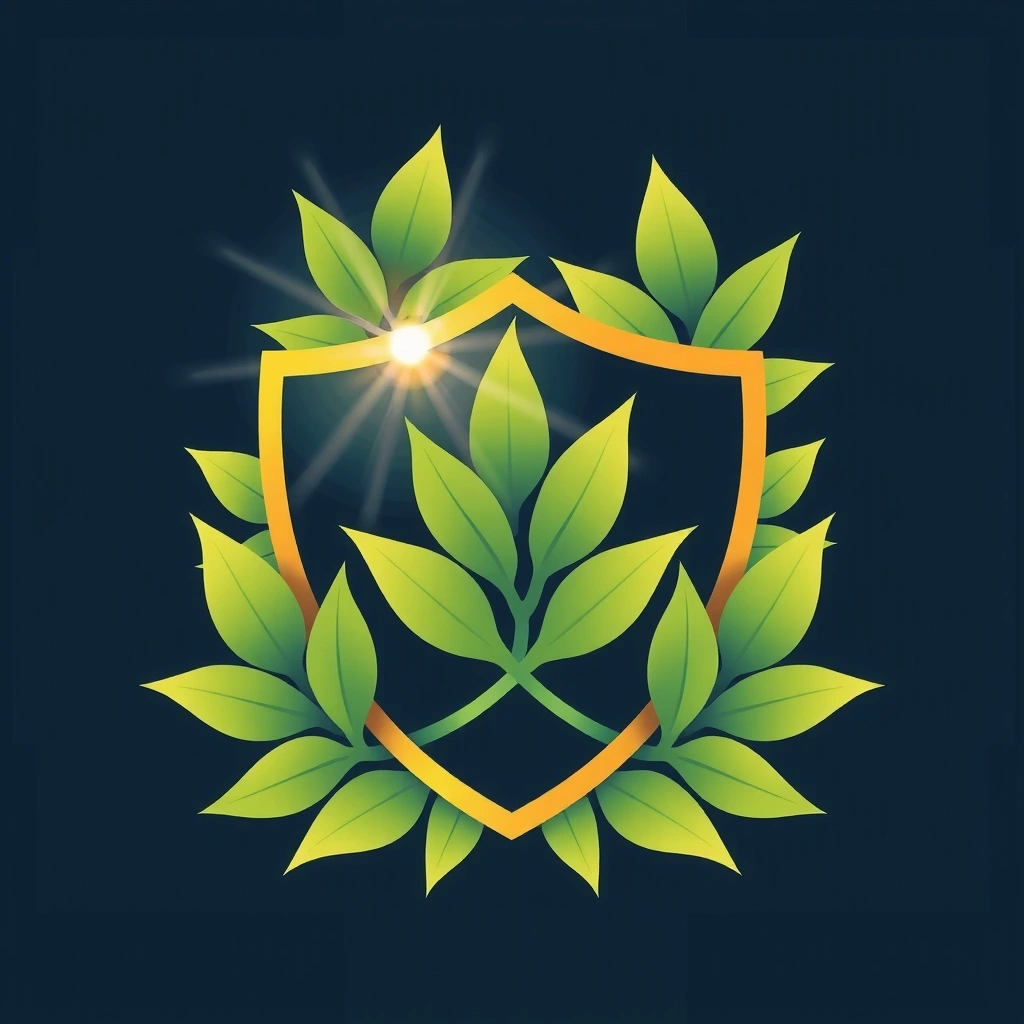 Escudo brillante y estilizado con hojas verdes, simbolizando protección inmunológica