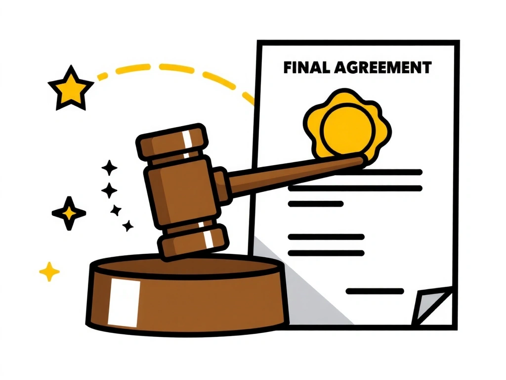 Ilustración de un sello de aprobación o un martillo de juez, simbolizando legalidad y validez.