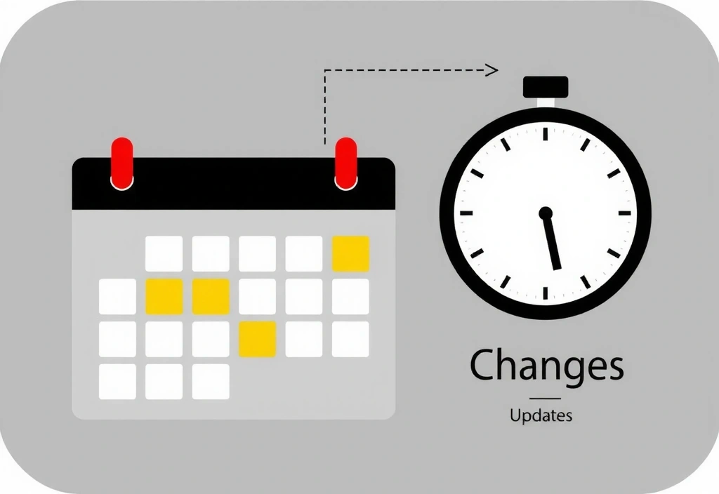 Ilustración de un calendario con fechas importantes y un reloj, simbolizando cambios y actualizaciones